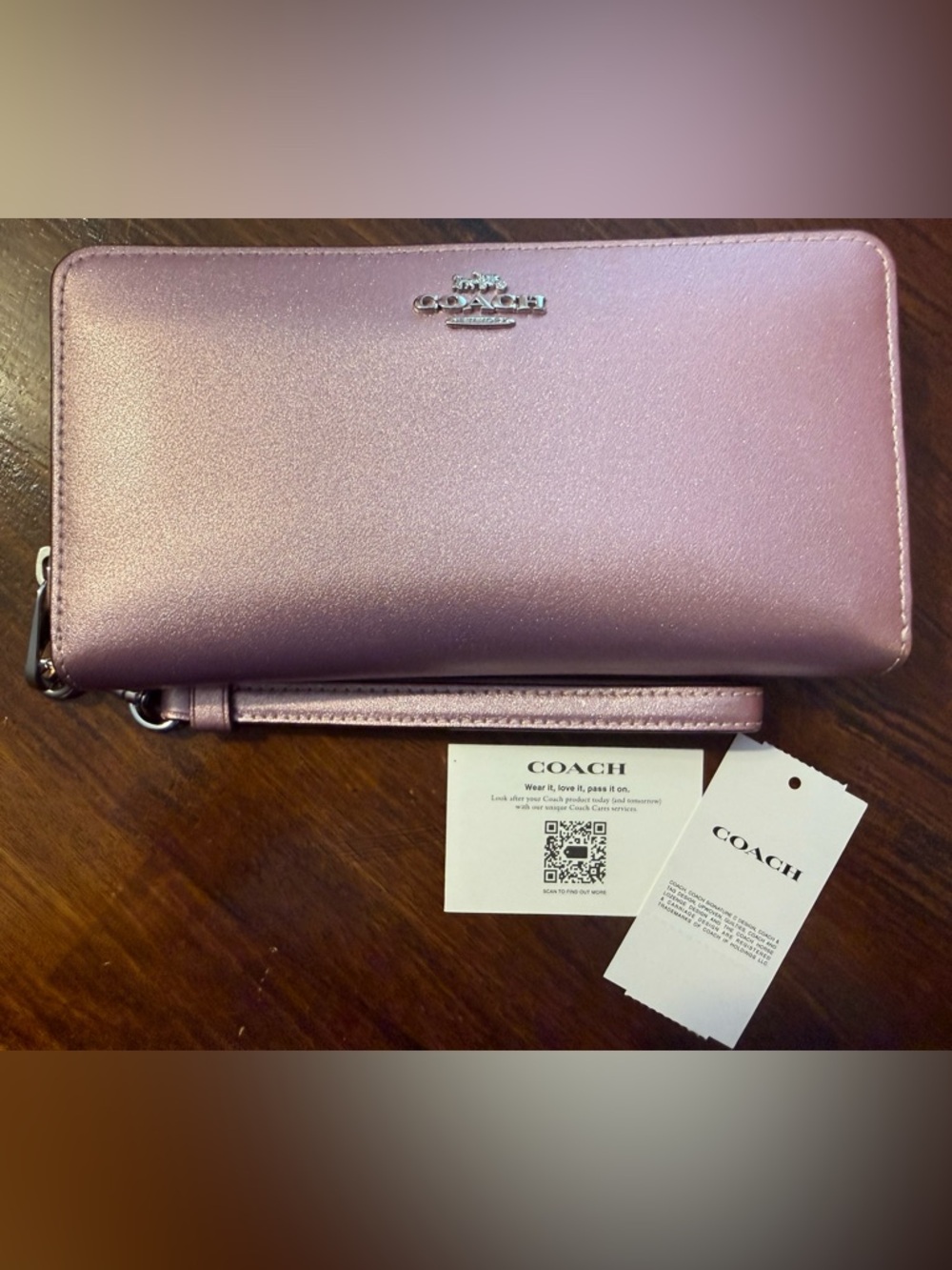 COACH Metallic Rose Pink Leather Wristlet Clutch